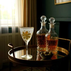 NOS PAINTED GOLD FLORA SMOKEY HUNGARY COLORED APERTIF/CORDIAL STEMMED GLASSWARE